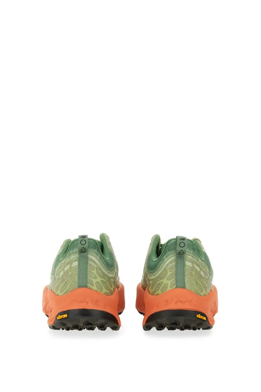 New balance men’s Hierro multicolor trail running shoes with green and orange textured upper and Vibram outsole