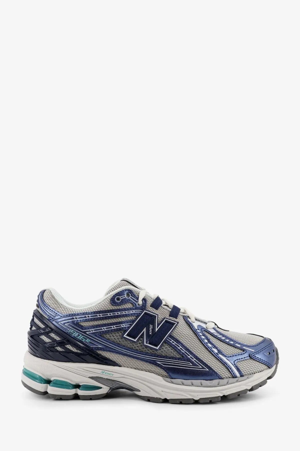 New Balance men’s mesh sneakers blue featuring blue and gray mesh upper with metallic accents and teal cushioning