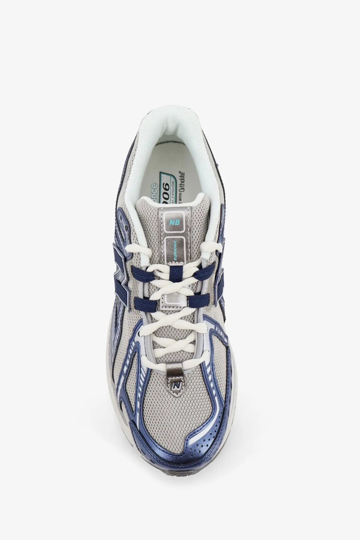 New Balance men’s mesh sneakers blue gray and navy running shoe with mesh upper metallic accents and white laces