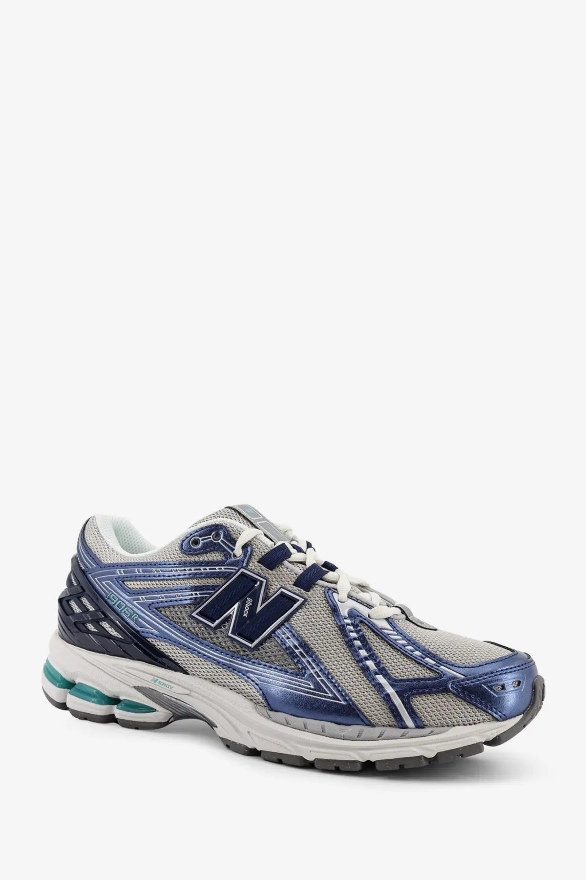 New balance men’s mesh sneakers blue with blue and gray mesh upper metallic blue accents white laces and teal heel cushioning