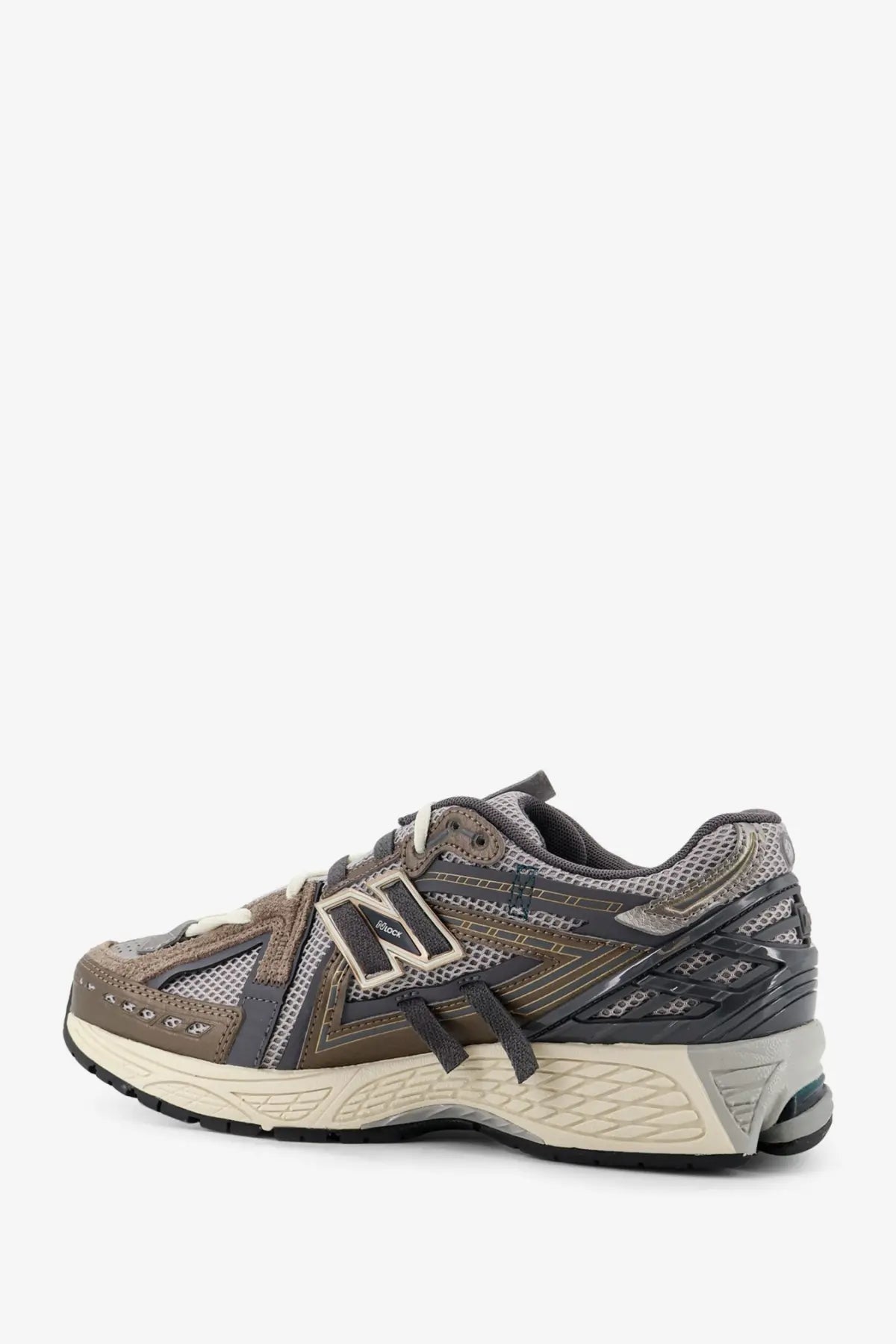 New Balance men’s mesh sneakers in gray and olive green with synthetic overlays and textured rubber sole