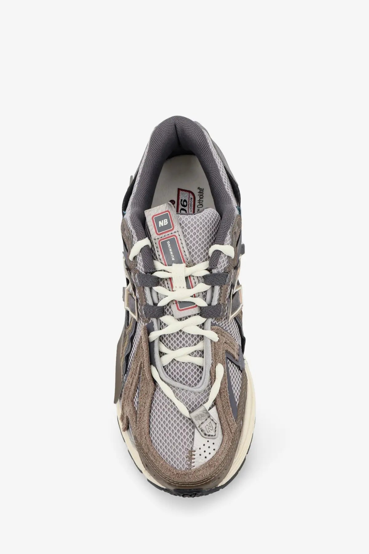 New Balance men’s brown mesh sneakers with gray and white suede overlays and chunky rubber sole in retro design