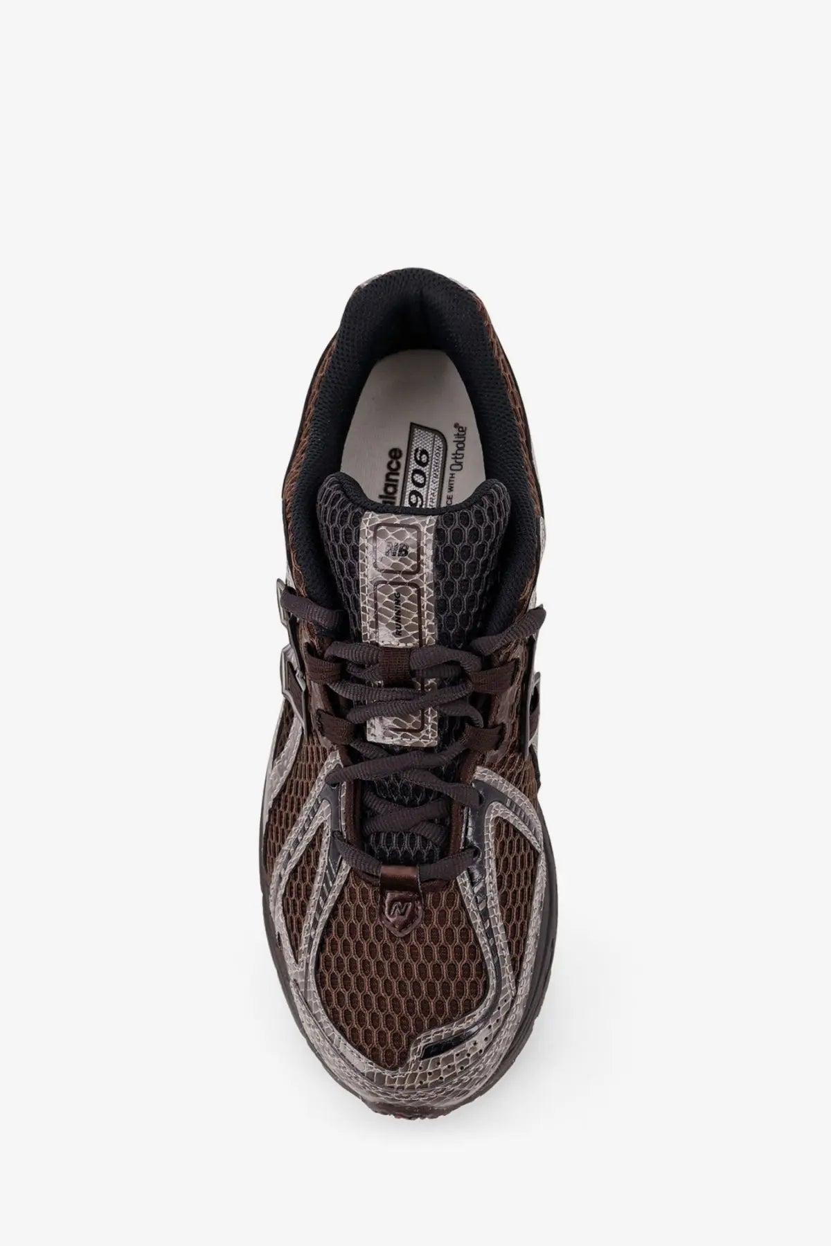 New Balance men’s mesh sneakers grey brown and silver mesh upper with black laces and branding on the tongue