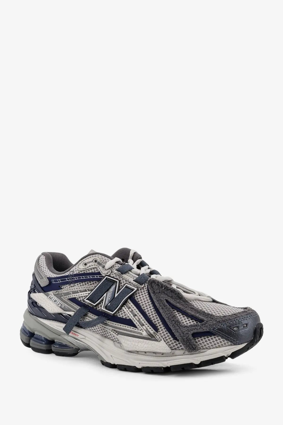 New balance men’s mesh sneakers grey with gray and navy blue mesh upper rubber outsole and visible air cushioning units