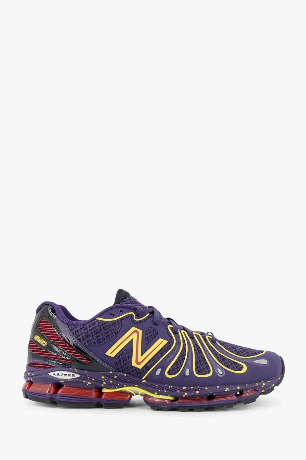 New balance men’s mesh sneakers red featuring purple 608 running shoe with yellow accents and red air cushioning units