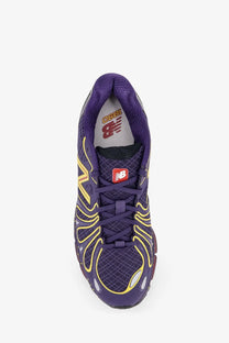 New Balance men’s mesh sneakers red with purple and yellow mesh upper and rubber sole running shoe