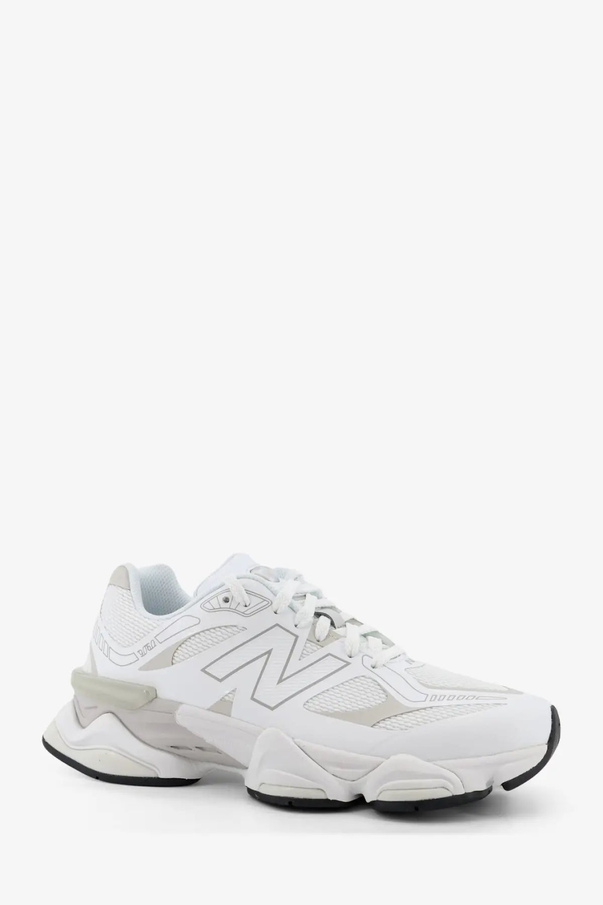New balance men’s mesh sneakers white with chunky layered sole and subtle gray accents in white mesh material