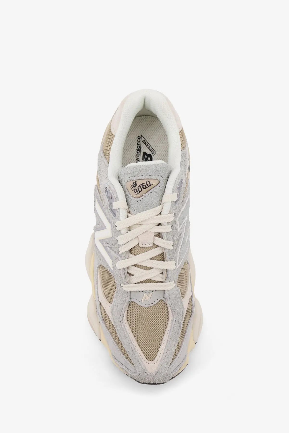 New balance men’s grey 9060 sneaker with mesh panels suede overlays and chunky white midsole