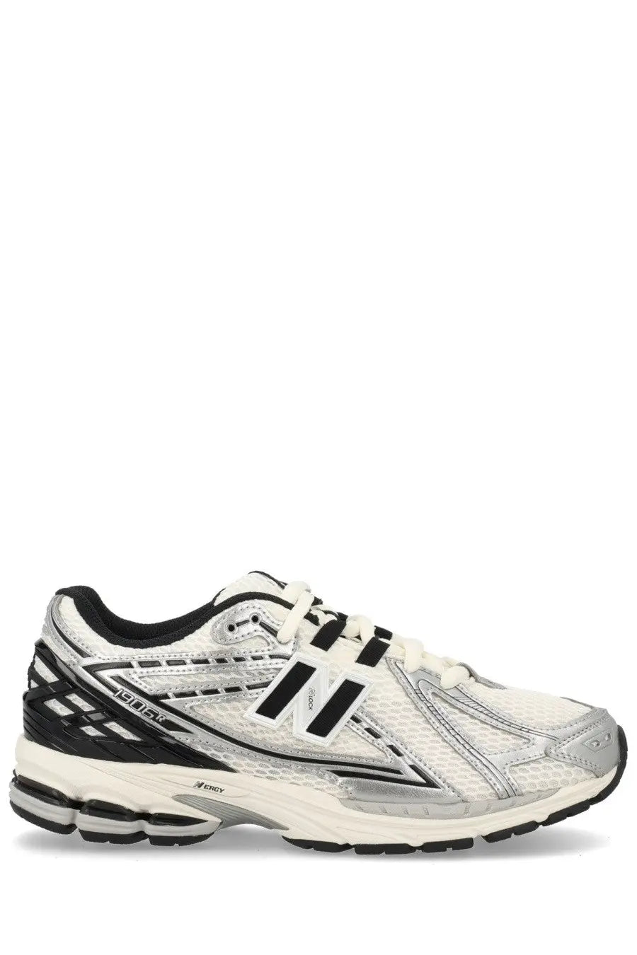 New balance unisex sneaker 1906r in white and black with mesh upper silver accents and cushioned sole for running