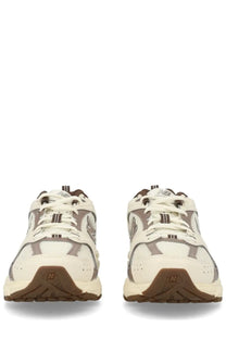 New balance unisex sneaker beige with cream and brown mesh and synthetic overlays for comfortable wear