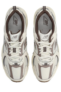 New Balance unisex sneaker beige with white and brown mesh uppers suede accents and chunky rubber sole