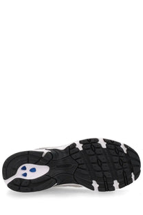 New Balance unisex sneaker grey with black and white upper and blue accents on the midsole for athletic use
