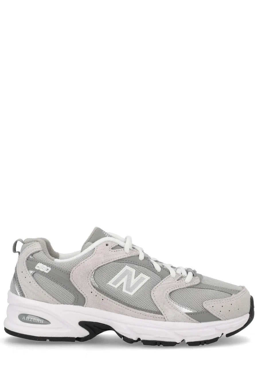 New Balance unisex sneaker grey with gray and white mesh and suede upper and black rubber sole