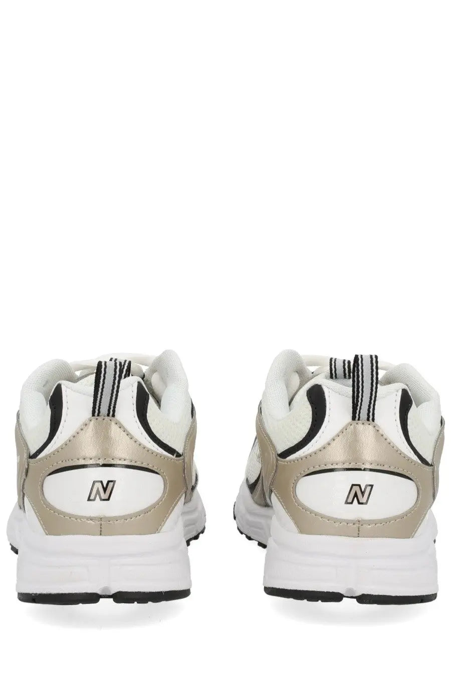 New balance unisex sneaker in white and metallic gold with black accents featuring breathable materials and stylish design