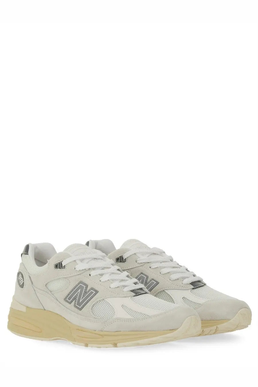 New balance unisex sneaker u991 white with cream suede and mesh upper gray logo accents and beige rubber sole