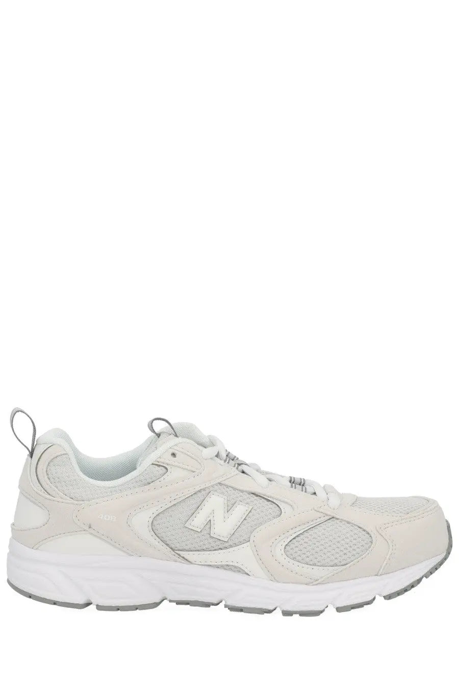 New balance unisex sneaker in light gray with mesh and synthetic upper white laces and cushioned sole