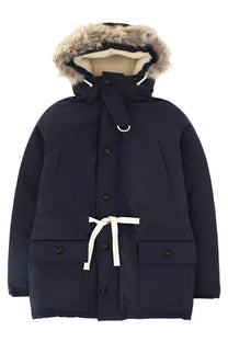 Navy blue nigel cabourn men’s everest parka with puffer insulation fur-lined hood and white drawstring belt
