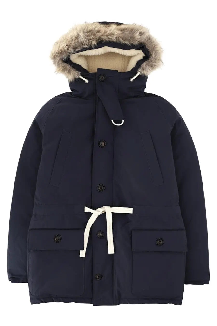 Navy blue Nigel Cabourn men’s Everest puffer parka with fur-lined hood and white drawstring belt