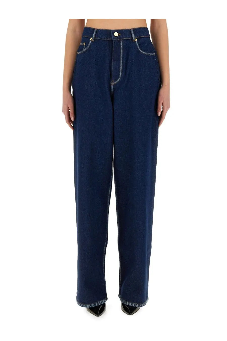 Dark blue denim nina ricci women’s boyfriend jeans with high waist, straight leg cut, and light-colored stitching