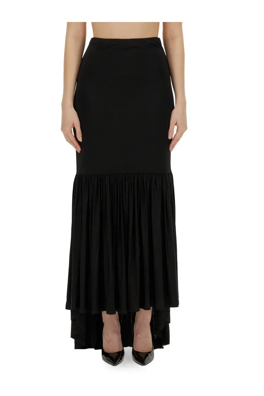 Nina Ricci women’s black high-waisted jersey skirt with pleated asymmetrical midi hemline