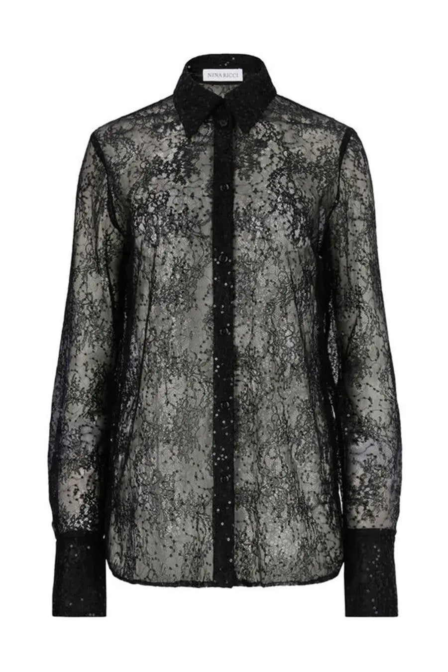 Nina Ricci women’s black lace blouse with sheer fabric and subtle shimmering embellishments