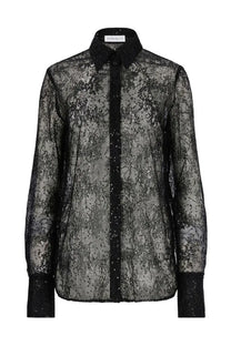 Nina Ricci women’s black lace blouse with sheer fabric and subtle shimmering embellishments