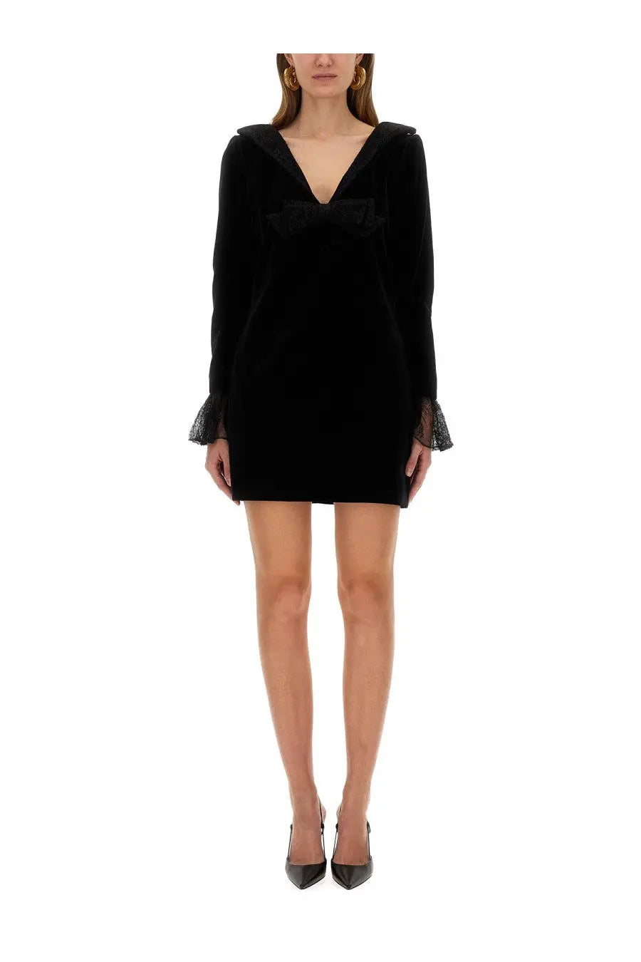 Nina Ricci women’s black velvet mini dress with sailor collar, front bow detail, and lace-trimmed cuffs