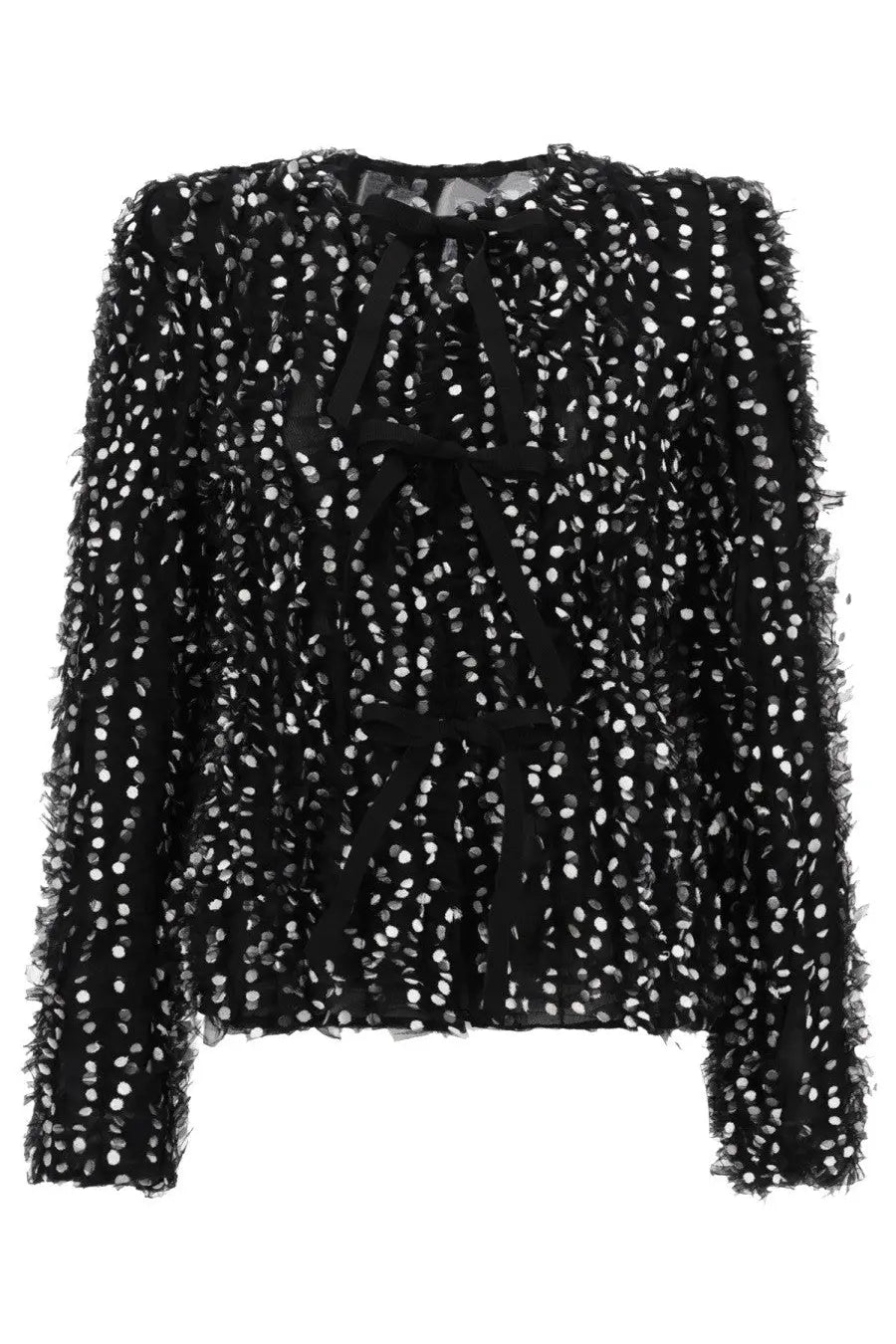 Nina Ricci women’s black polka dot embroidered jacket with frayed edges and central bow detail