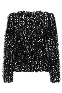 Nina Ricci women’s black polka dot embroidered jacket with silver sequins and frayed textured edges