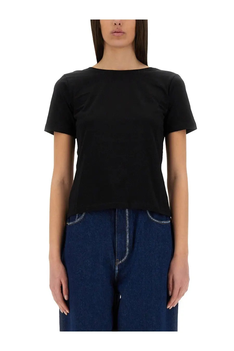 Nina Ricci women’s black short-sleeved shirt with simple round neckline and relaxed fit made from soft fabric
