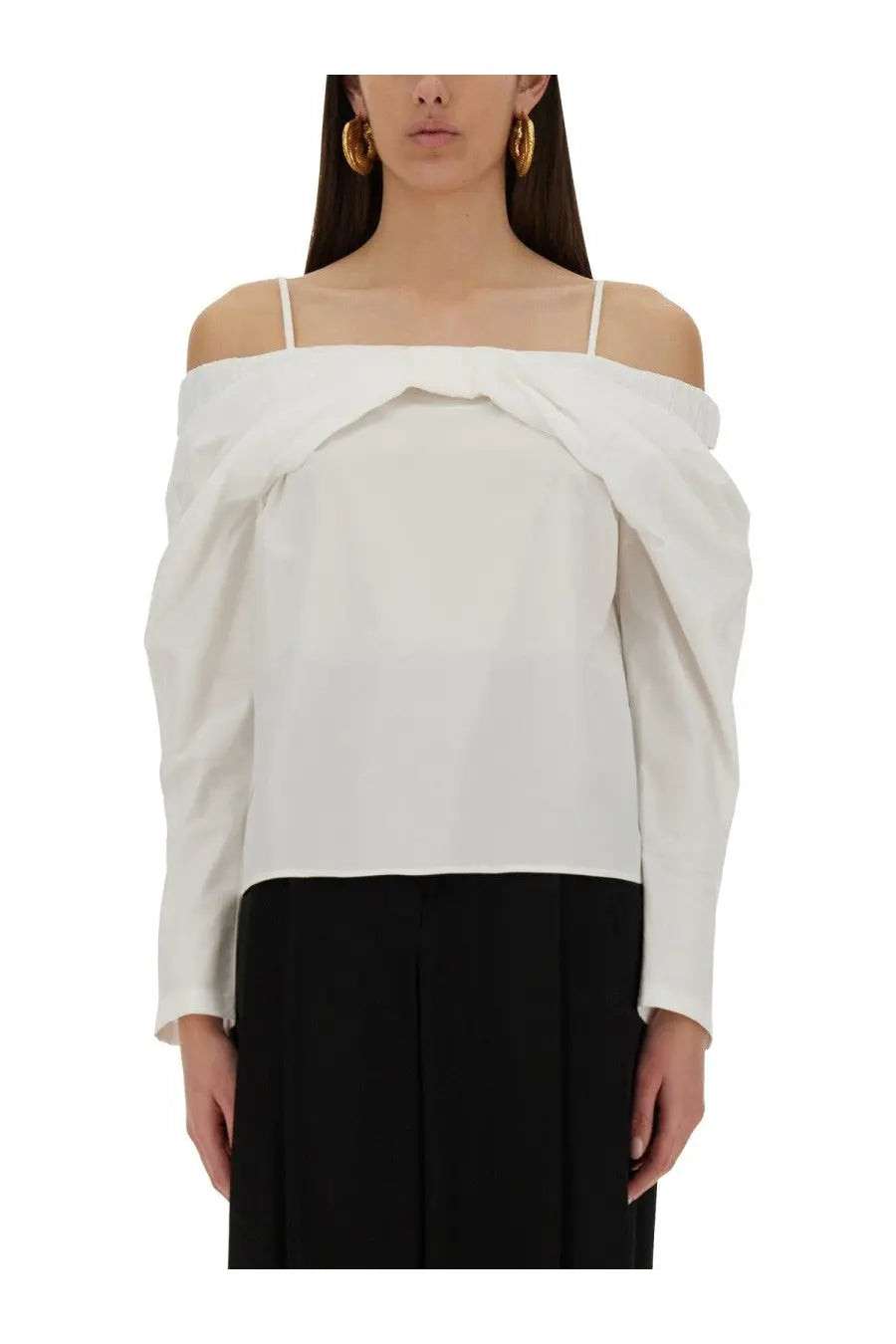 Nina Ricci women’s white off shoulder blouse with sheer spaghetti straps and voluminous gathered sleeves