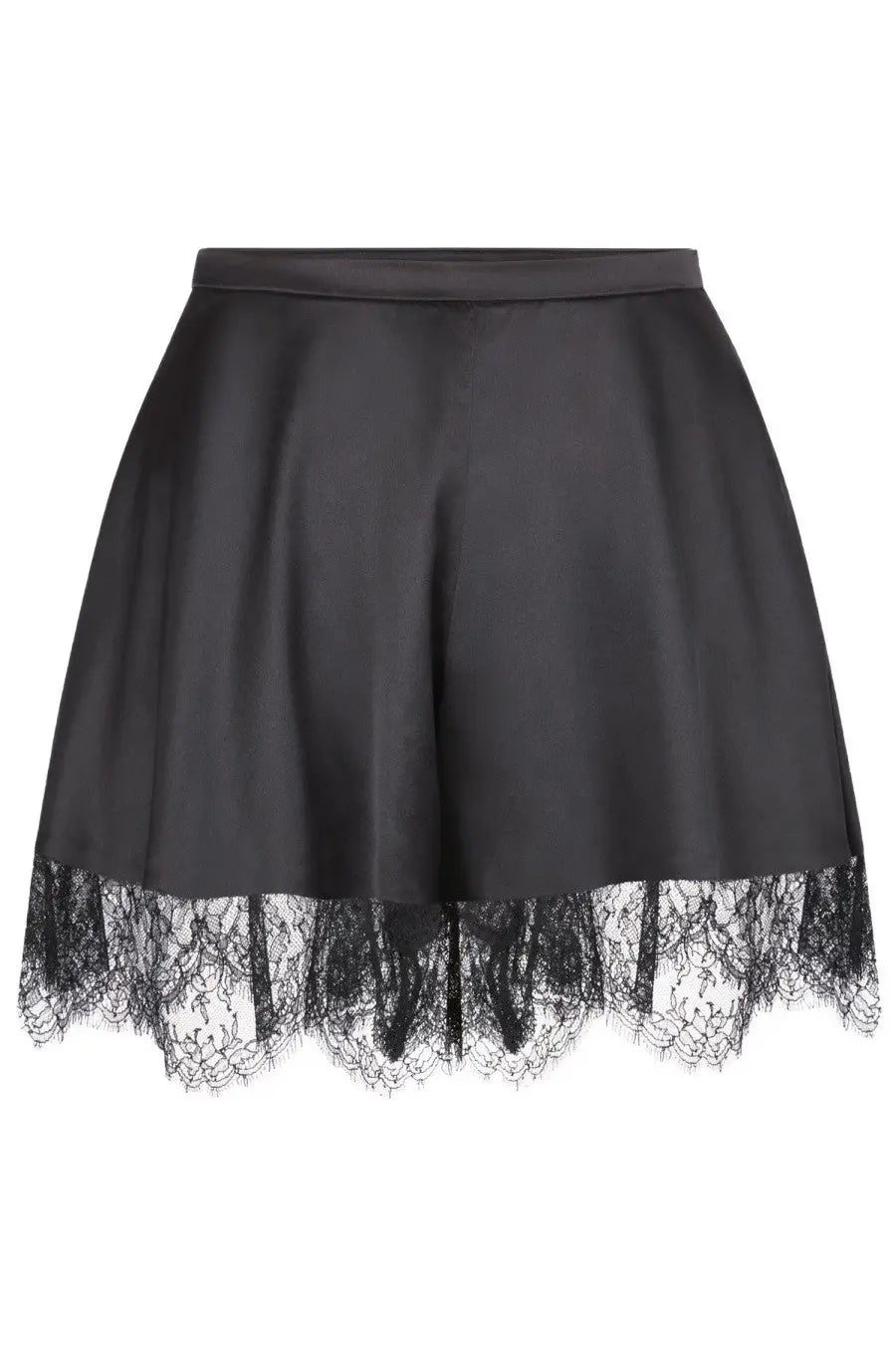 Nina Ricci women’s black silk mini shorts with delicate black lace trim at the hem