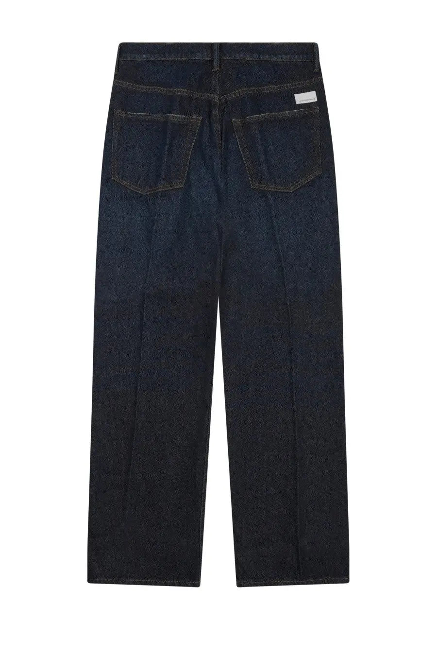 Dark indigo denim men’s jeans with straight-leg cut and classic back pockets shown from the back side