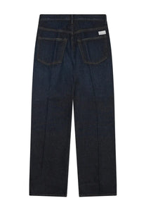 Dark indigo denim men’s jeans with straight-leg cut and classic back pockets shown from the back side