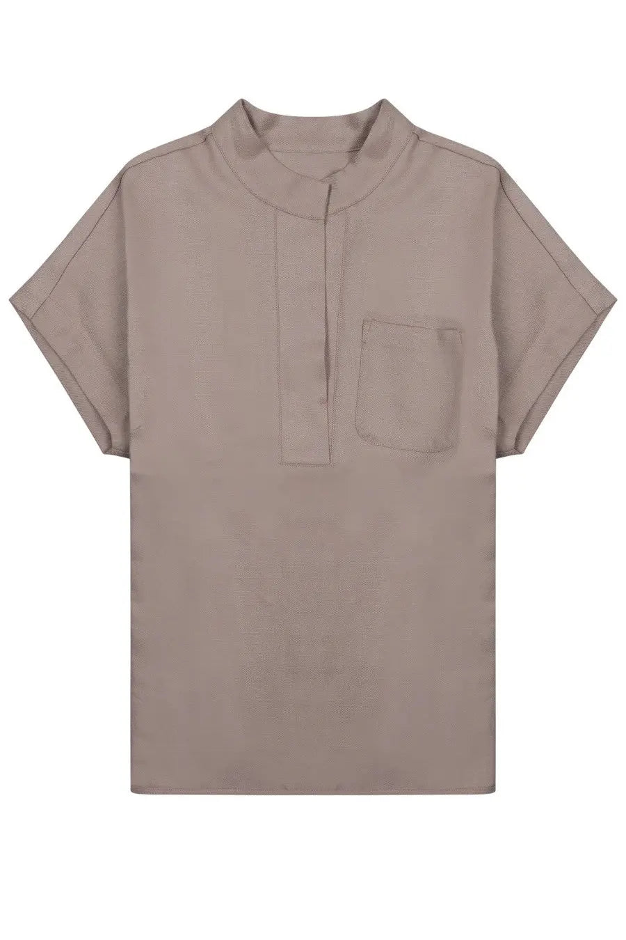 Nineinthe morning women’s beige short sleeved blouse with mandarin collar front placket and single chest pocket