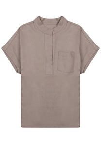 Nineinthe morning women’s beige short sleeved blouse with mandarin collar front placket and single chest pocket