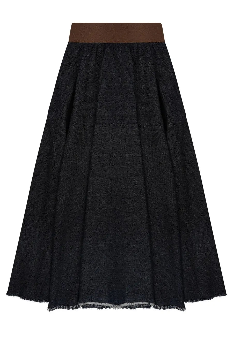 Nine Inthe Morning women’s pleated black midi skirt with brown waistband and frayed hem in Eugenia blue tone