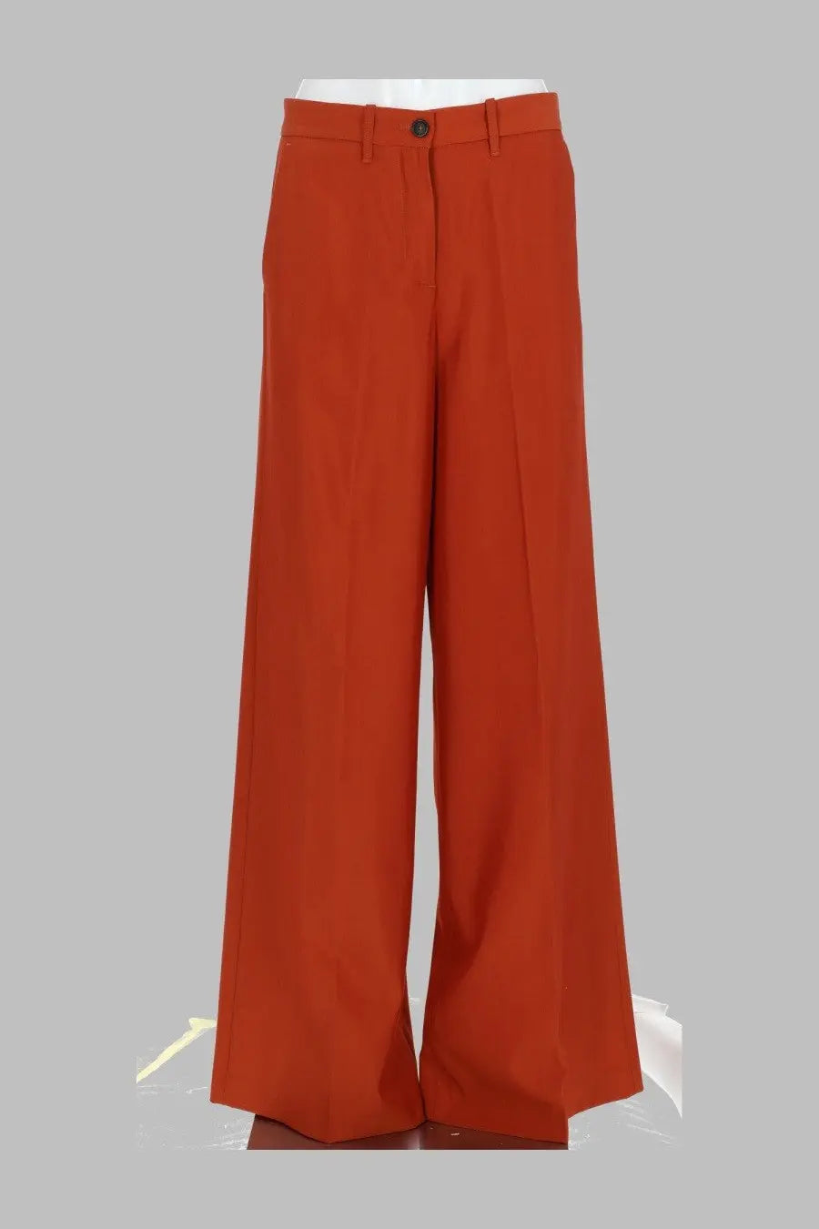Nine Inthe Morning women’s rust-colored wide-leg tailored trousers with single button waist closure