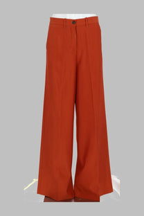 Nine Inthe Morning women’s rust-colored wide-leg tailored trousers with single button waist closure