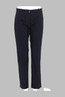 Navy blue tailored slim fit trousers with a classic straight-leg cut and button closure by Nine:Inthe:Morning