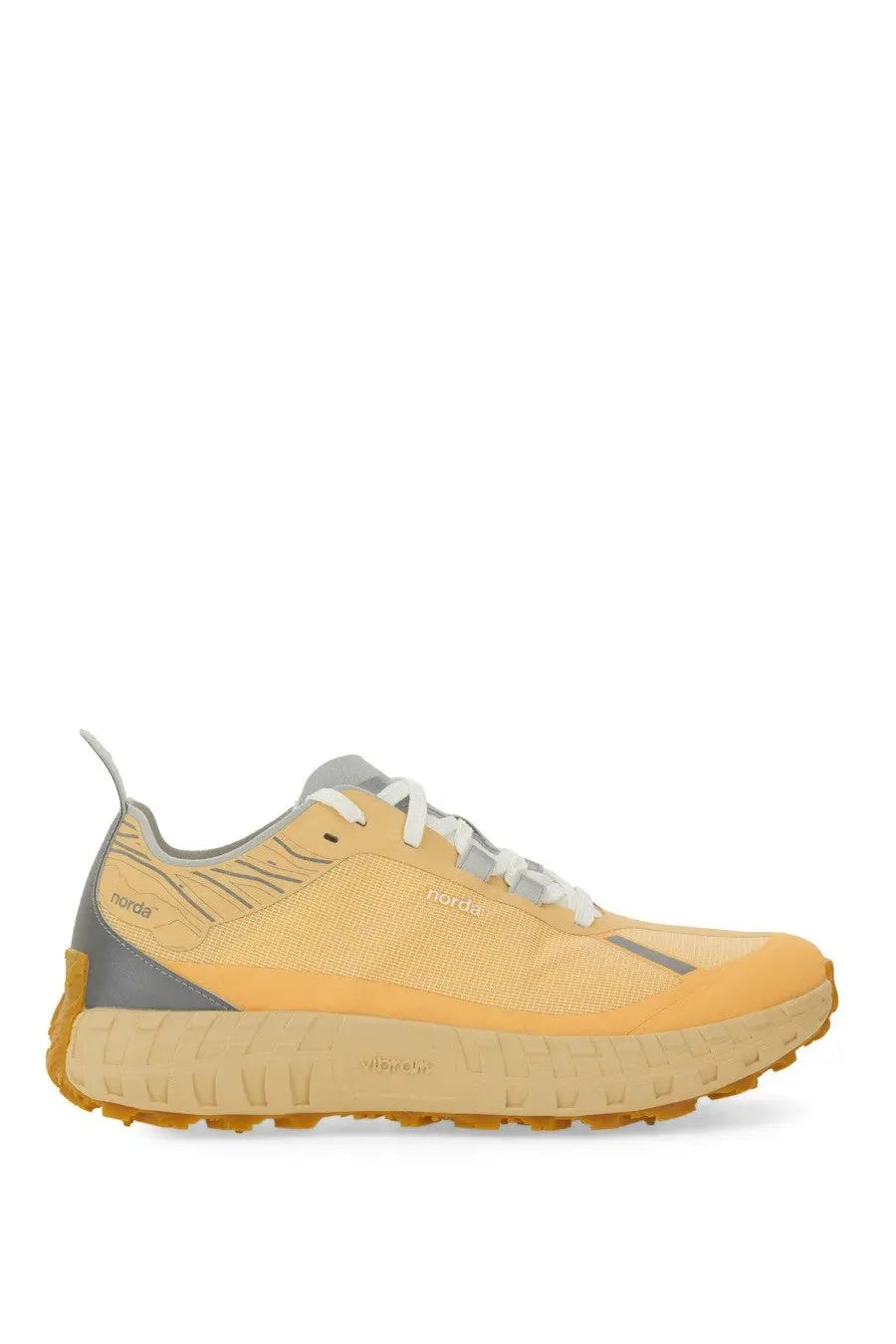 Norda men’s conder dyneema sneaker yellow yellow and gray trail running shoe with mesh upper rubber outsole and white laces