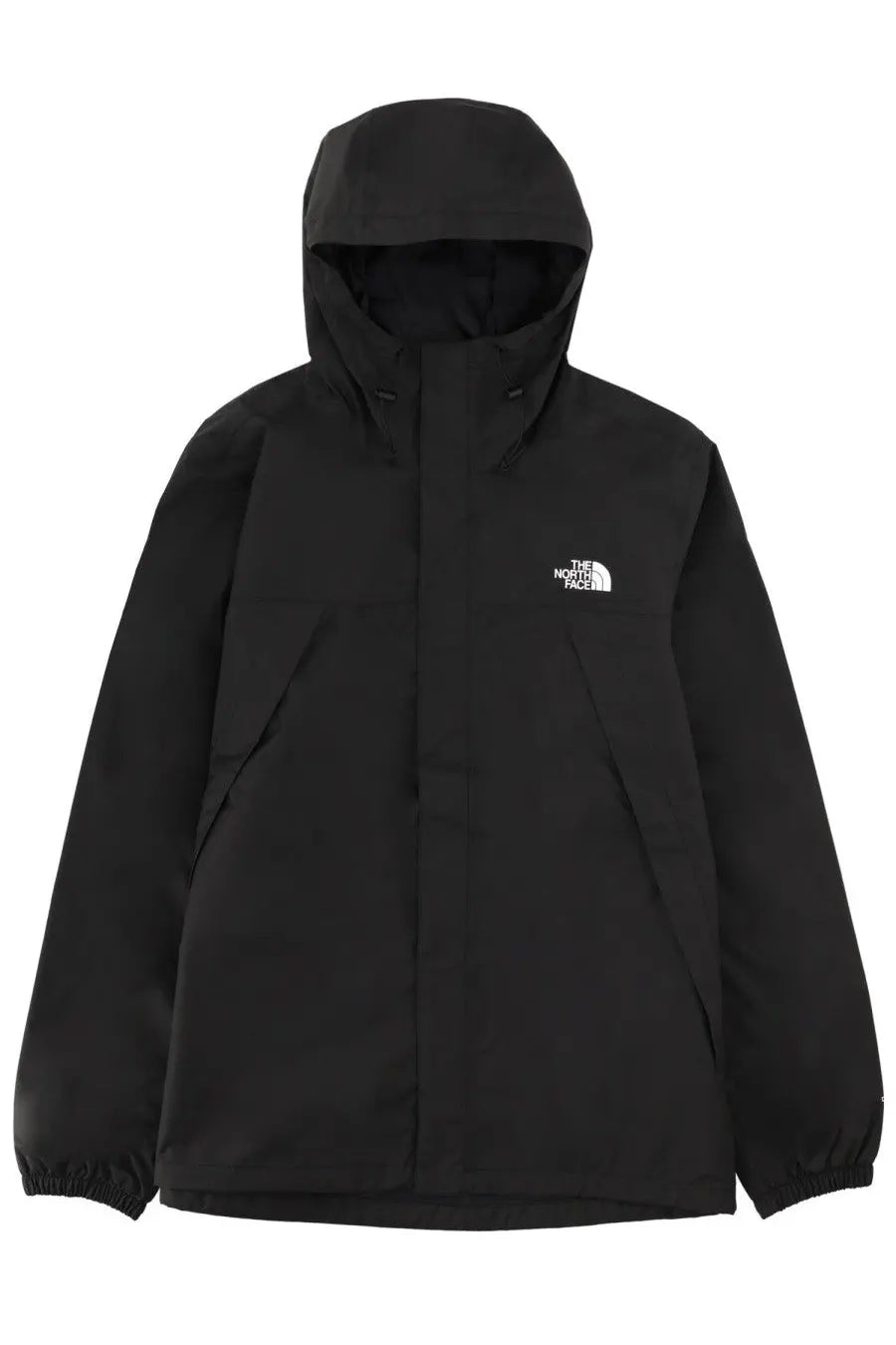 The north face men’s Antora black jacket with a hood and white logo on the chest designed for outdoor use