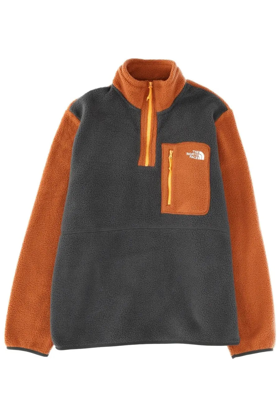 The North Face men’s half-zip fleece jacket in dark gray and burnt orange with yellow zippers yumiori multicolor