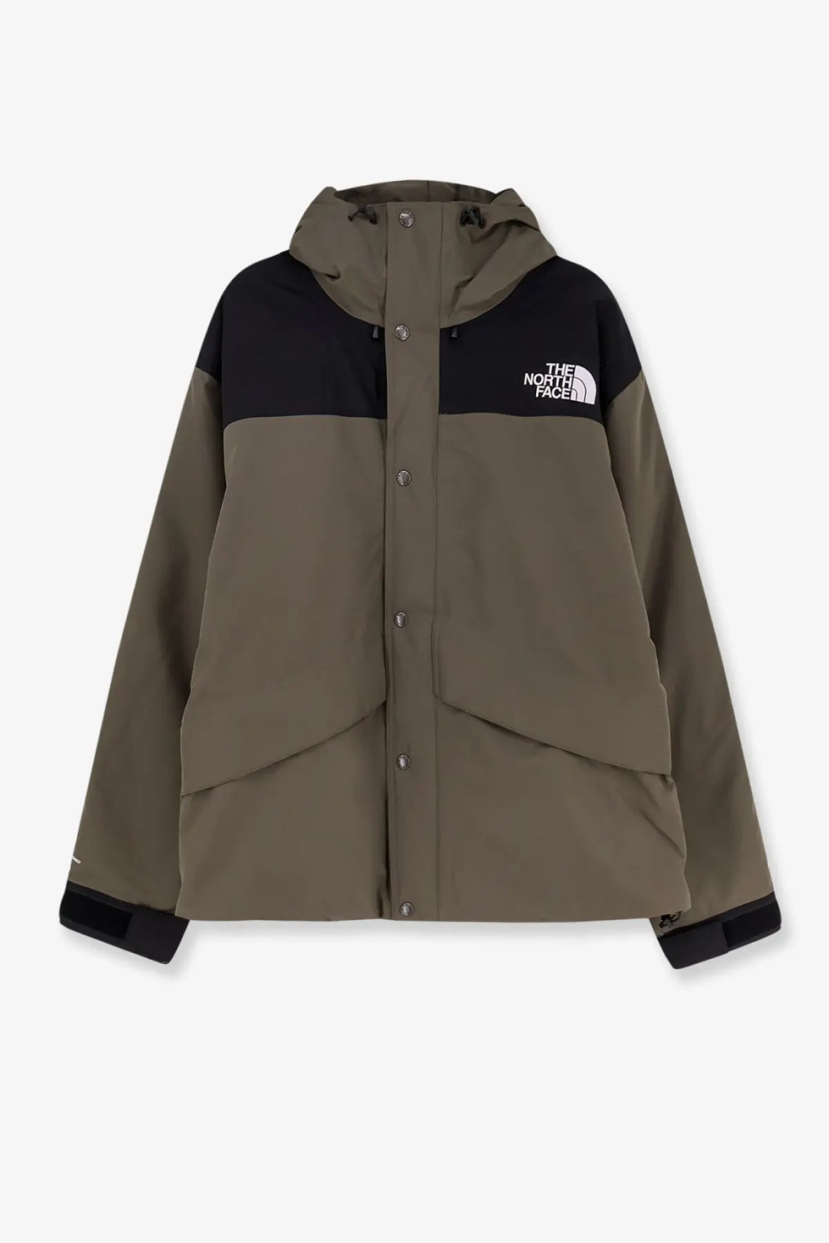 The North Face men’s mountain down jacket in black with olive and black classic color-block hooded design