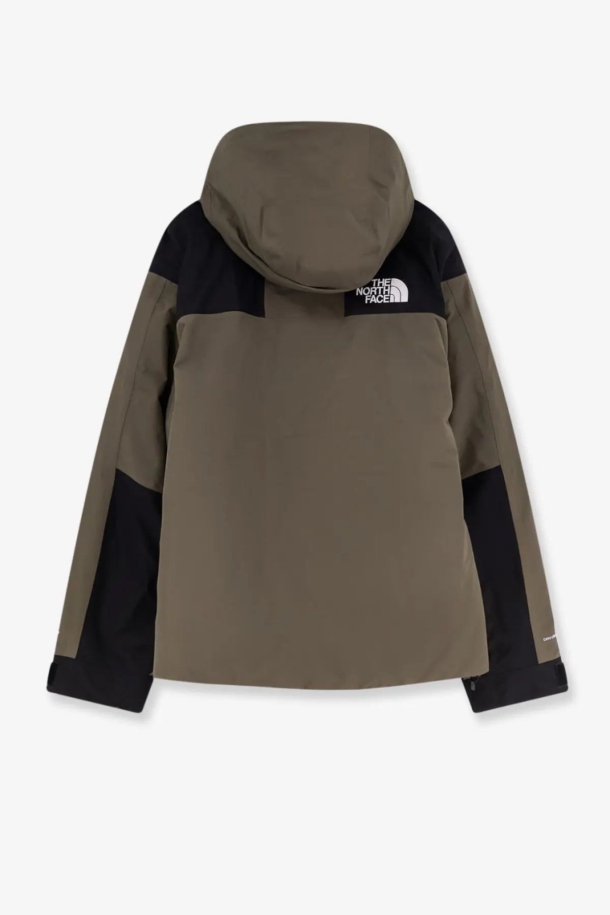 The north face men’s mountain down jacket black shown from the back in olive green and black with a hood and logo