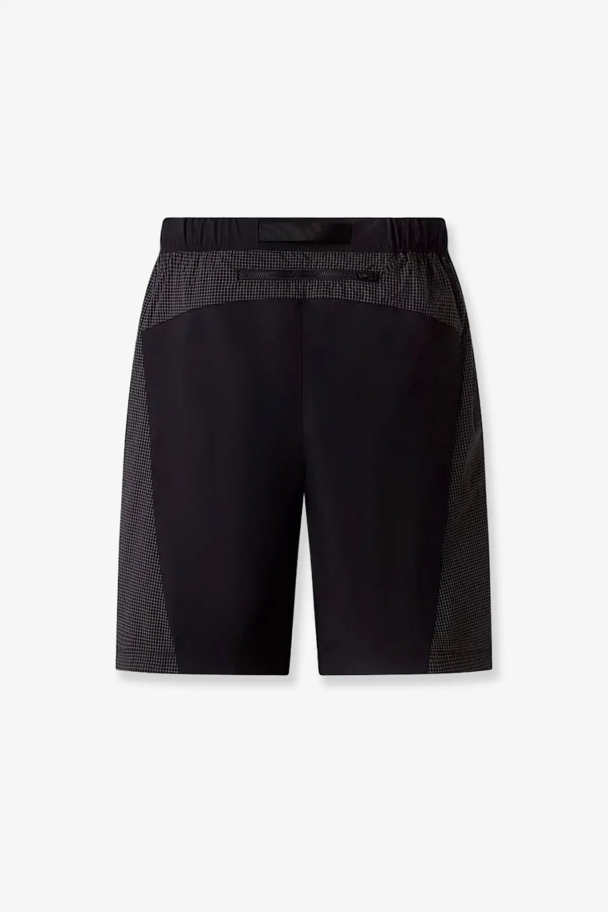 The north face men’s nylon bermuda shorts black with elastic waistband and subtle checkered side panels visible