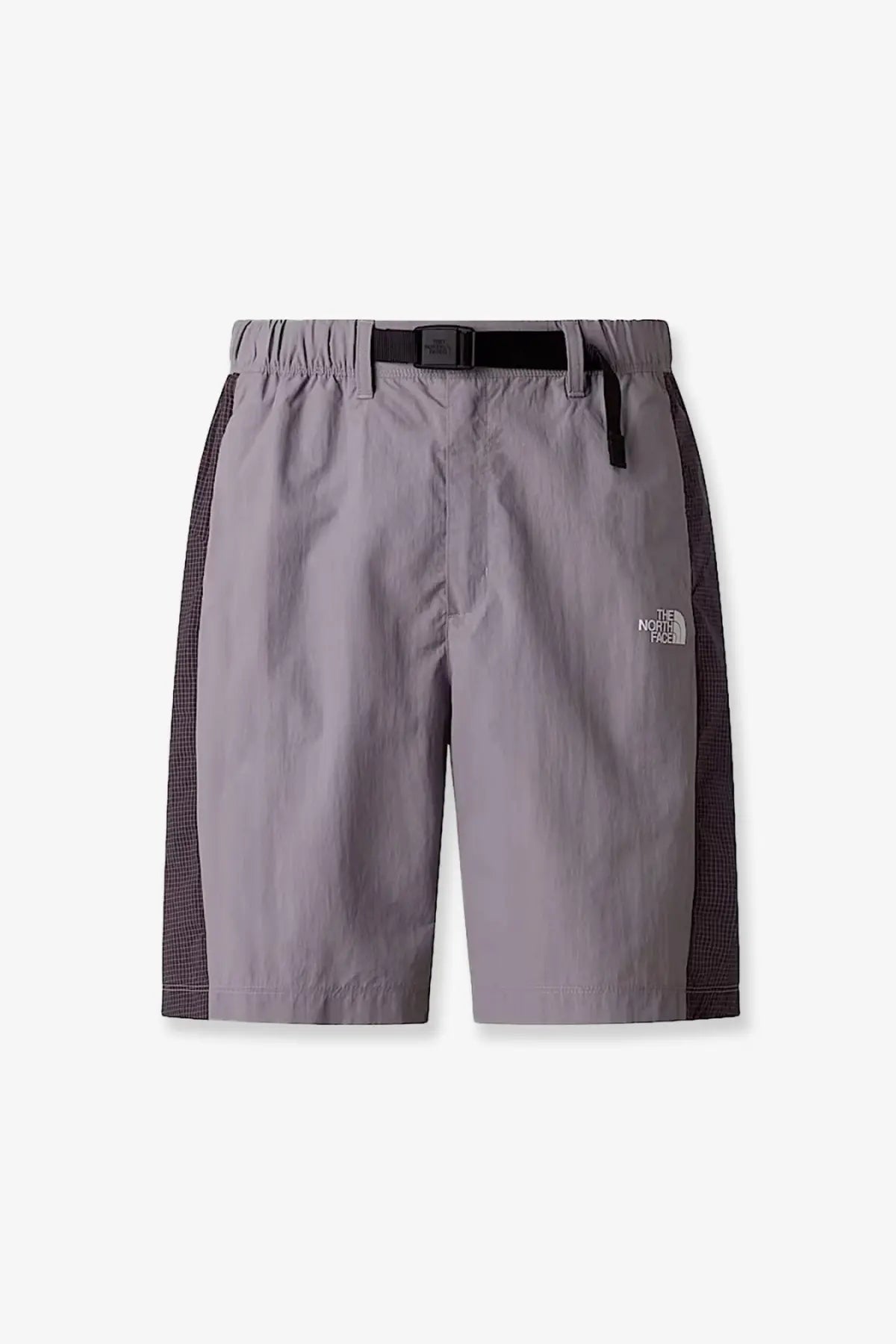 The North Face men’s nylon Bermuda shorts in black feature gray with black checkered side panels and a black belt