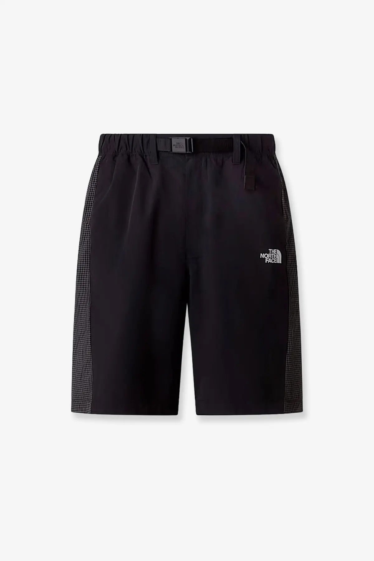 The north face men’s nylon bermuda shorts in black with contrasting black and white checkered side panels