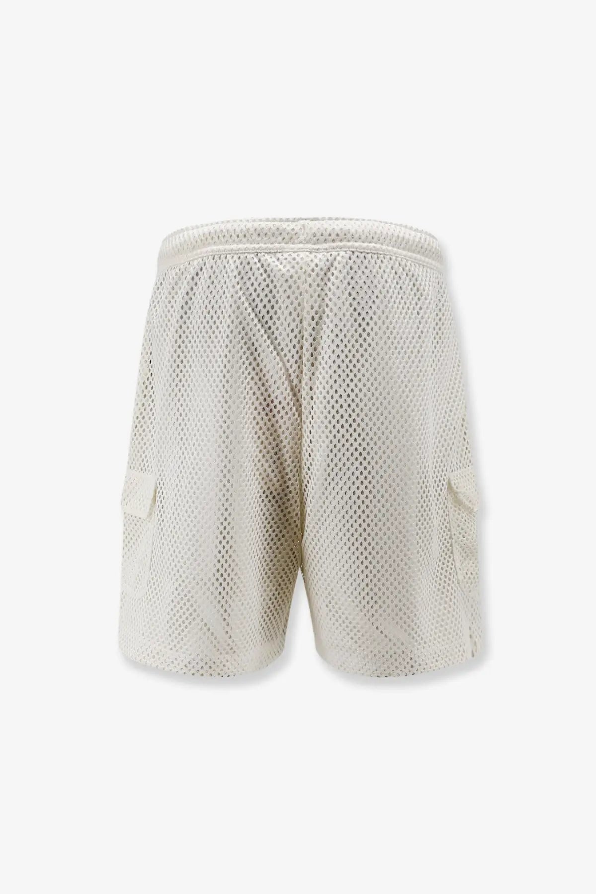 The North Face men’s nylon bermuda shorts in off-white feature mesh fabric, side pockets, and an elastic waistband