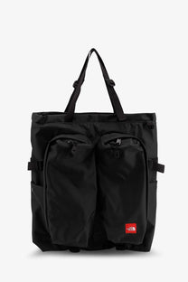 The North Face men’s black nylon tote bag with dual front zippered pockets and red brand logo patch